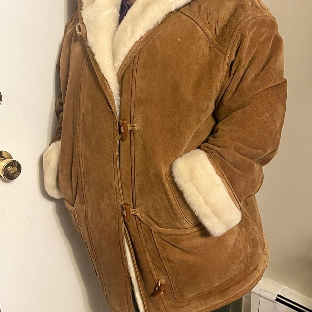 Vintage NY Jeans Cinnamon Brown Leather Coat Shearling Lining Front Toggles M - Picture 3 of 16